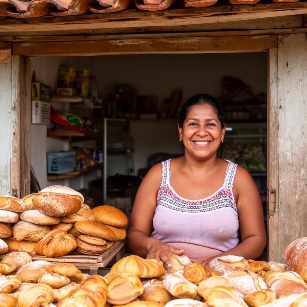 Empreendedora local sorrindo em frente ao seu negócio