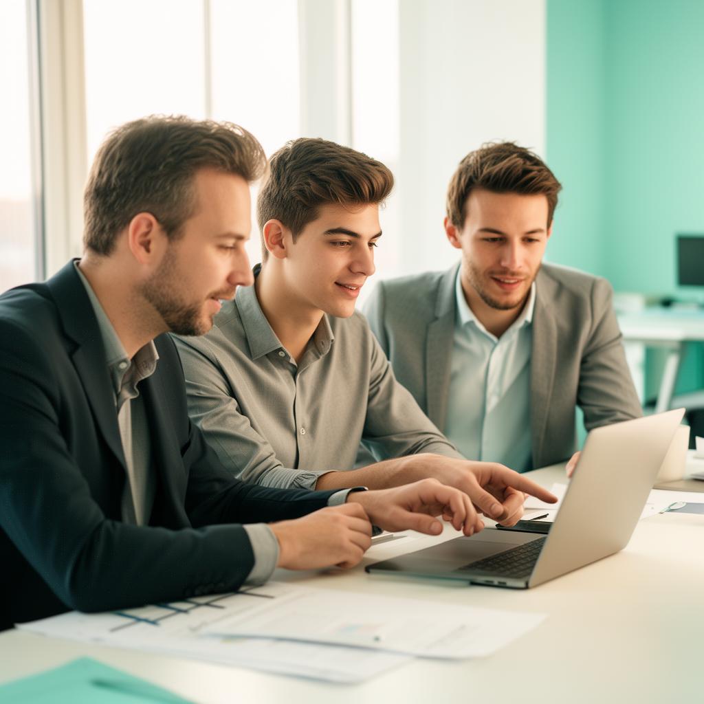 Alunos colaborando em grupo em torno do mesmo plano de negócio