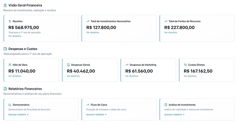 Visão geral financeira no Vibz com receitas, investimentos, despesas e relatórios